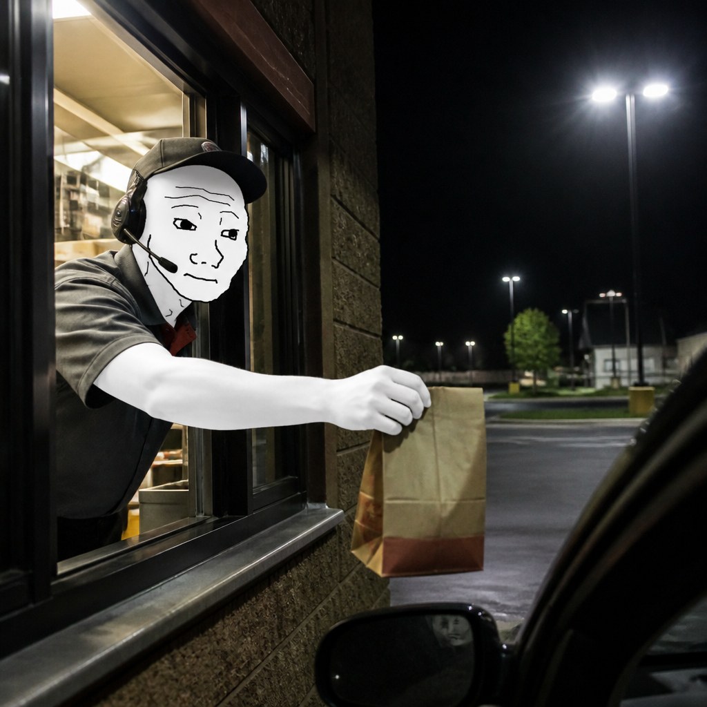 The complete original artwork: a Wojak-faced worker extends a paper bag from a drive-thru window toward a car in an empty fluorescent-lit parking lot.