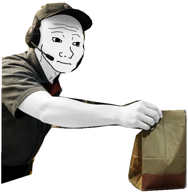 The original hollow-eyed Wojack in a cap and crooked headset leans from the window, holding a paper bag in his outstretched pale hand.